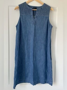 Talbots 100% Cotton Smocked Denim Dress Blue 12P Sleeveless Summer Casual